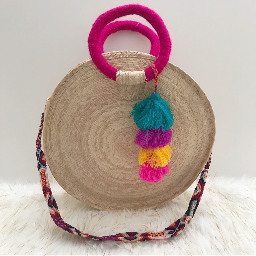 Boho Circle Straw Bag with Handwoven Strap